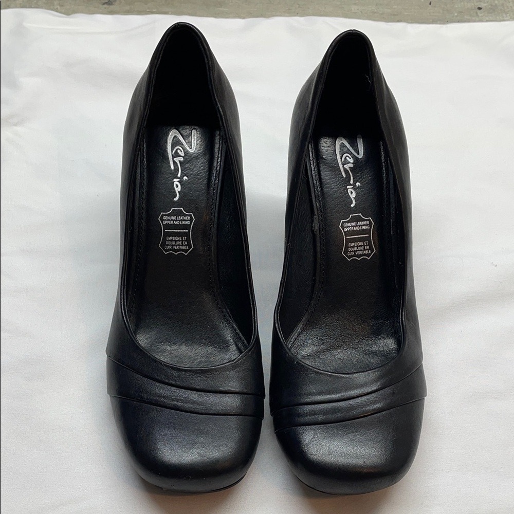 Zeria Black Genuine Leather Square‎ Toe Stacked Heel Pumps Shoes Women Size 7